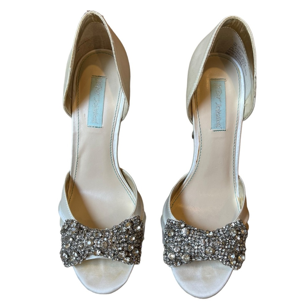 Betsey Johnson Ivory Satin Peep-Toe Heels with Crystal Bow Accent - Picture 2 of 5